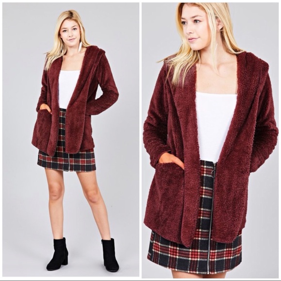 CLEARANCE ‼️Dark Mauve OPEN-FRONT FAUX FUR- Hoodie - Picture 3 of 4